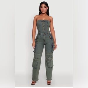 Daisy Light Wash Denim Strapless Jumpsuit with Yellow Tag